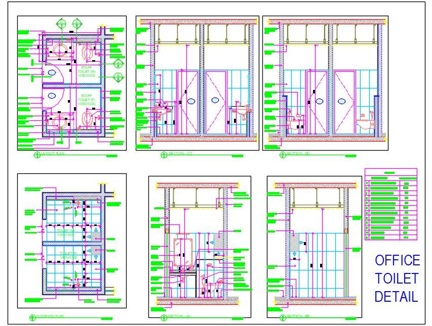 Office Toilet Block CAD- Male & Female Powder Rooms DWG